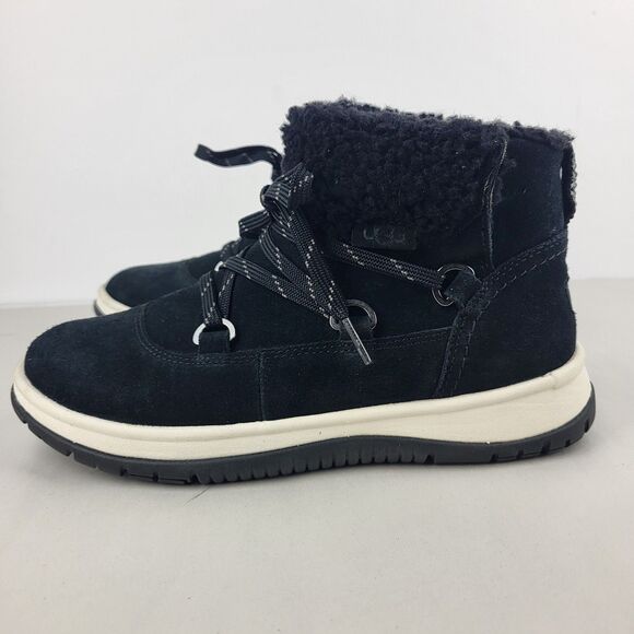 UGG Lakesider Heritage Black Suede Lace Up Mid Top Winter Boots 6.5 - Picture 2 of 11